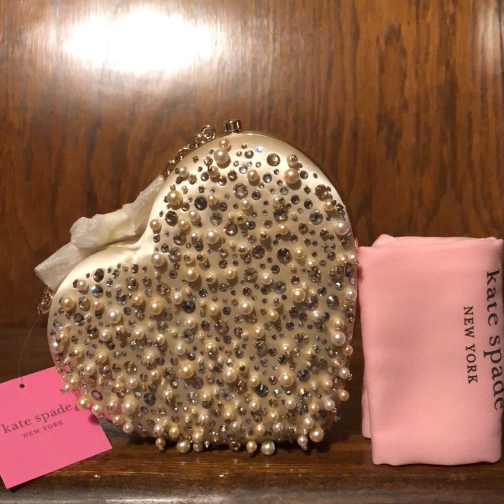 NWT-Kate Spade-Bridal Embellished 3DHeart Clutch-Satin-Faux Pearl & Stones-$498